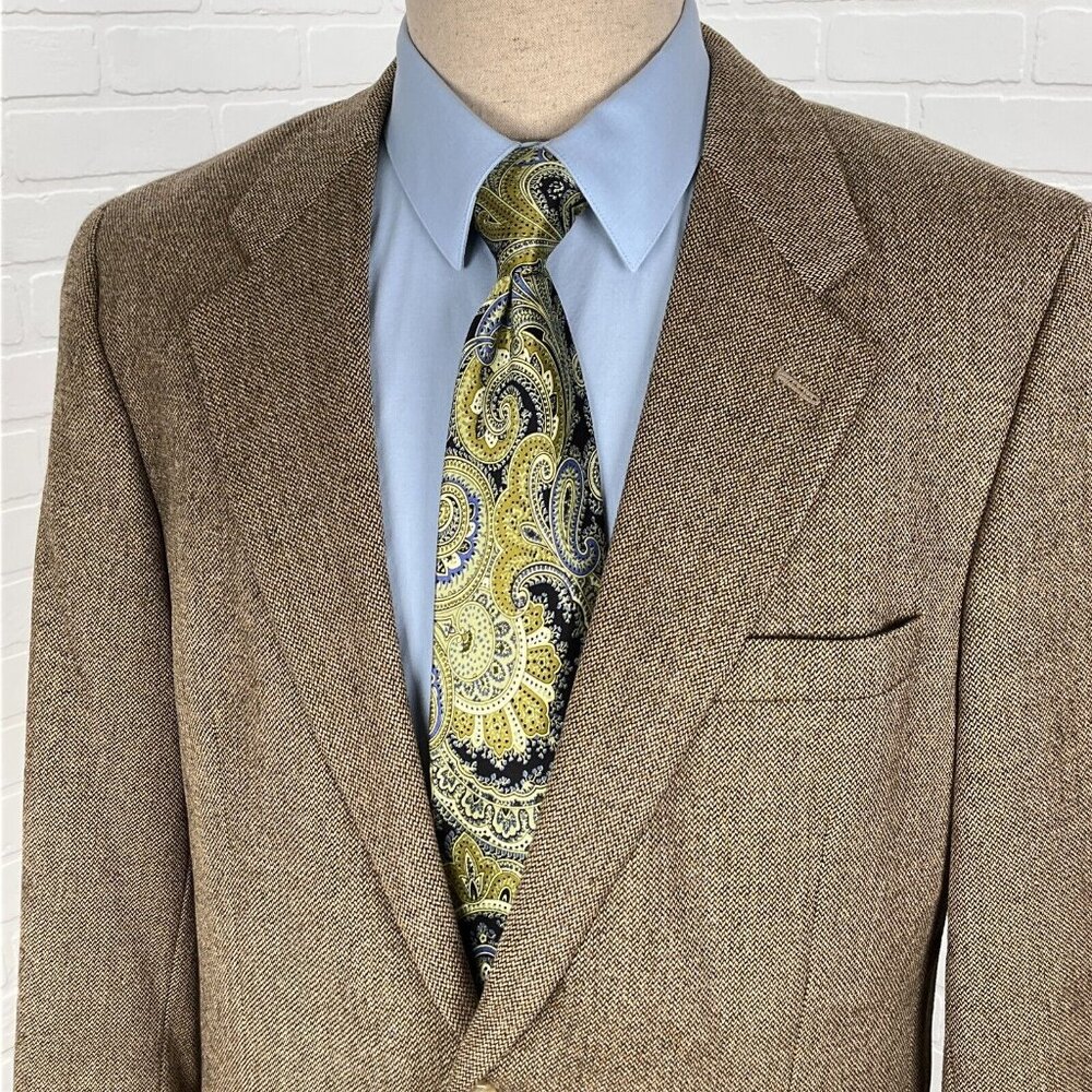 Club Room Blazer Men 42L Brown Yellow Herringbone Classic Career‎ Wool Cashmere